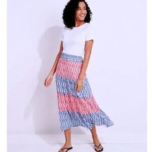 Vineyard Vines Boho Block Print Shell Tiered Floral Maxi Skirt Size M Blue Coral